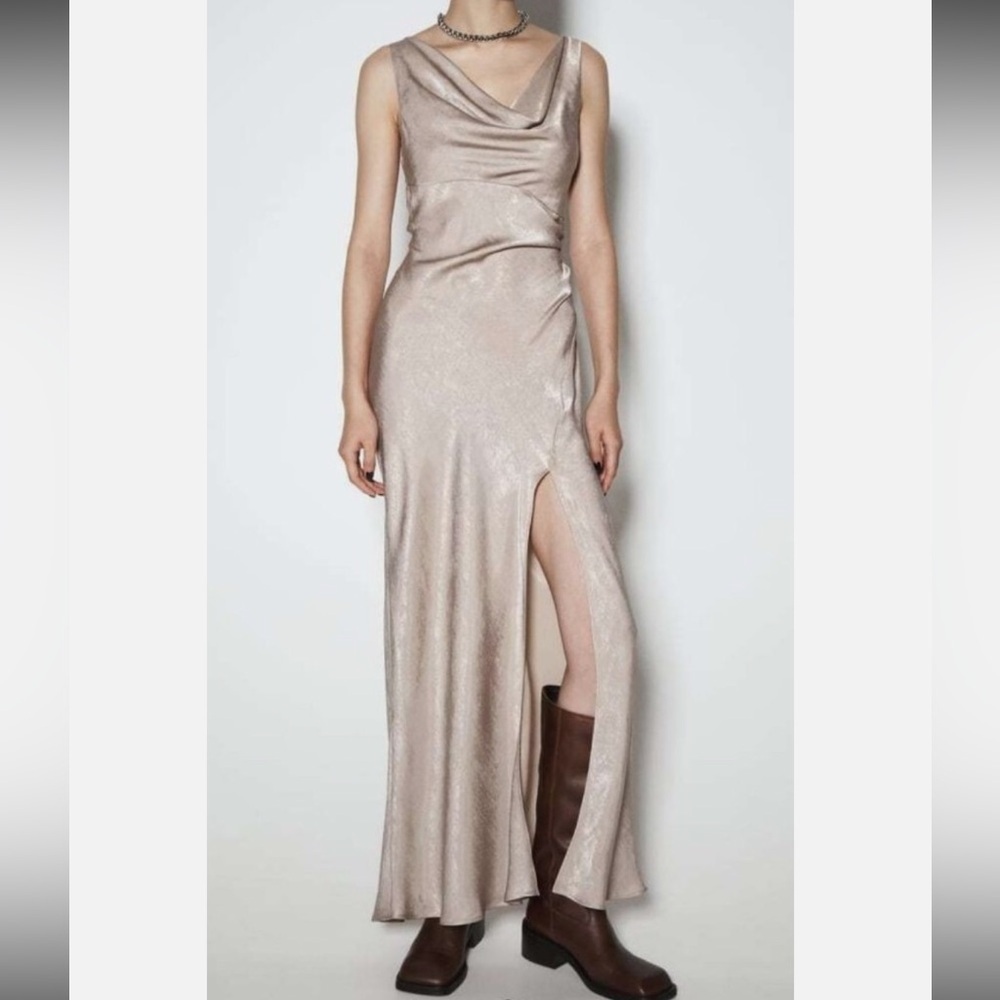 Zara nude beige draped midi-maxi dress with side slit size small